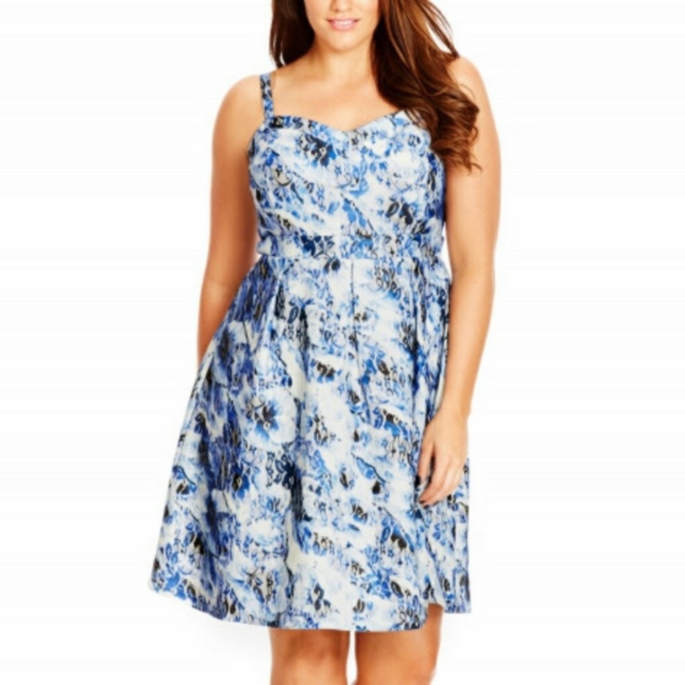 City Chic Black White Blue Floral Lace Dress